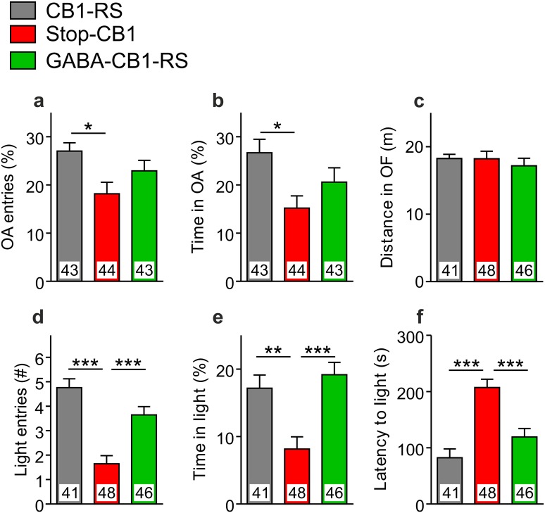Anxiety-like behavior is largely restored to normal by rescue of the CB1 receptor specifically in forebrain GABAergic neurons. In the elevated plus-maze (EPM) test, a the number of entries into the open arms (OA) expressed as percentage of total arm entries and b the time spent in the OA (as percentage of time in total arms) were lower in Stop-CB1 animals than in CB1-RS control animals. GABA-CB1-RS mice had intermediate values and did not differ significantly from both other groups, indicating a partial restoration of the anxiogenic phenotype in GABA-CB1-RS mice. c Distance traveled in the open field (OF) was similar between the three groups. In the light/dark (LD) test, d the number (#) of entries in the light compartment and e the percentage of time spent in the light compartment was similar between CB1-RS and GABA-CB1-RS mice and significantly lower in Stop-CB1 mice, pointing to a full restoration of the anxiogenic phenotype in GABA-CB1-RS mice. f Latency to the first entry of the light compartment was also similar between CB1-RS and GABA-CB1-RS mice and significantly higher in Stop-CB1 mice, confirming that in GABA-CB1-RS mice the phenotype of CB1 receptor deficiency is completely remedied in this paradigm. Data are expressed as mean + SEM (a–c) or covariate-adjusted means + SEM (d–f); animal numbers are indicated in the graphs; *P < 0.05; **P < 0.01; ***P < 0.001 in one-way ANOVA (for EPM and OF) or univariate ANOVA with OF distance as covariate (for LD), followed by Tukey multiple comparison test; details of statistical analysis in supplementary Table S2