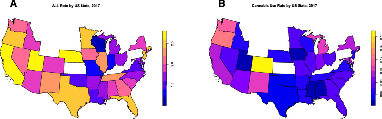 USA States with data for geospatial analysis (A) as ALL choropleth map for 2017 and (B) Cannabis use choropleth map for 2017