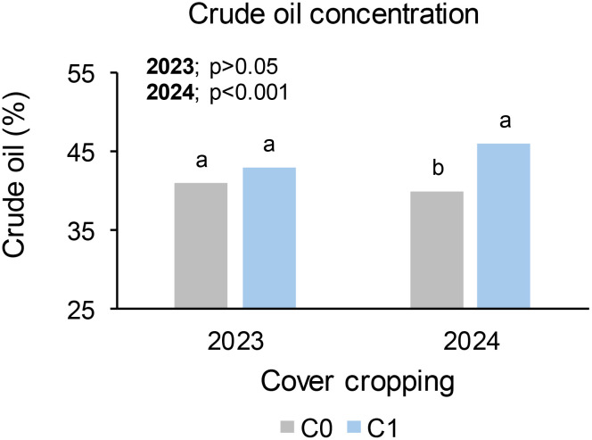 Bar chart titled “Crude oil concentration” shows crude oil percentages for 2023 and 2024 with cover cropping. In 2023, both C0 (gray) and C1 (blue) are labeled “a” with similar values around 45%. In 2024, C0 (gray) is labeled “b” with a lower value than C1 (blue), which is labeled “a.” The statistical significance is noted as p greater than 0.05 for 2023 and p less than 0.001 for 2024.