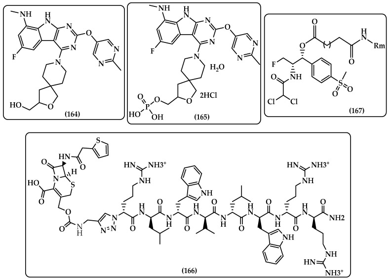 Chemical structure of; JSF-2414 (164); JSF-2659 (165); cephalothin-Bac8c (166); and florfenicol (167).