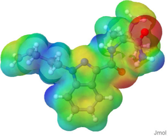 ESP for molecule 6, where negative density regions are represented by red color, positive by blue color, and intermediate by green color.