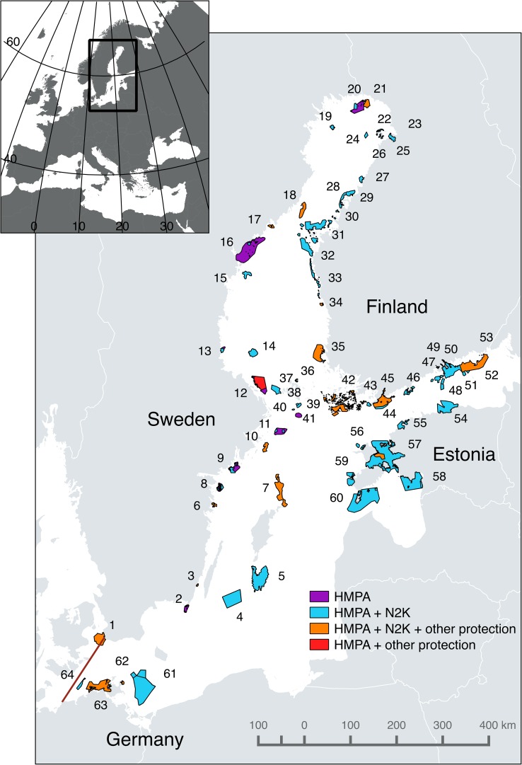 Map of Baltic Sea area showing the border we used to define the Baltic Sea for the purpose of this study (cf. Johannesson and André 2006). The 64 HELCOM MPAs of Sweden (20), Finland (33), Estonia (7), and Germany (4) are indicated as colored areas. Each HELCOM MPA has been numbered and further information on each area can be found in Tables 3 and S1. Different colors indicate the type of overlap (if any) with other types of protection for part or whole of the same area. HMPA HELCOM MPA, N2K Natura 2000. Other protection includes nature reserves and national parks