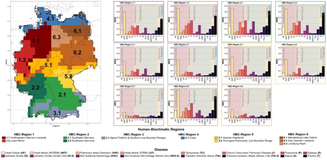 Regionalization across Germany and regional model performance (weighted explained deviance) per region and disease