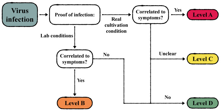 Graphic representation of the categorization of virus infection based on level of proof and correlation to symptoms.