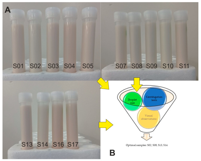 (A) The emulsion samples after 24 h. (B) Criteria of selecting the optimal samples composition for further studies.