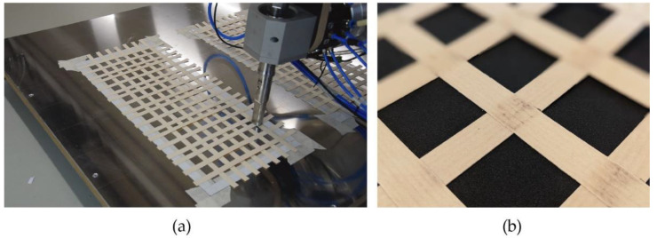 (a) Robotic welding process; (b) Welded intersection point close-up.