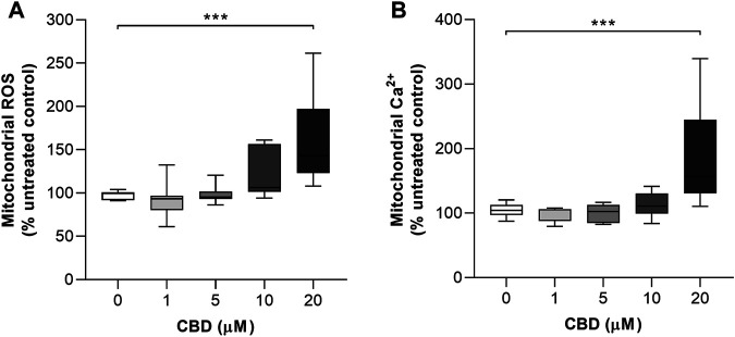 In vitro effects of CBD on mitochondrial ROS and mitochondrial Ca2+ production in MCF7 cells. (A) Effects of cannabidiol (CBD) on normalized MitoSOX intensity as a marker of mitochondrial reactive oxygen species (ROS) production. (B) Effects of CBD on normalized Rhod2 intensity as a marker of mitochondrial Ca2+ production. Box shows median with 25th and 75th percentiles, and whiskers indicate minimum and maximum values. n = 8/group; ** = p < 0.01, *** = p< 0.001; data were analyzed by one-way ANOVA with Dunnett’s test for multiple comparisons using GraphPad Prism (United States).