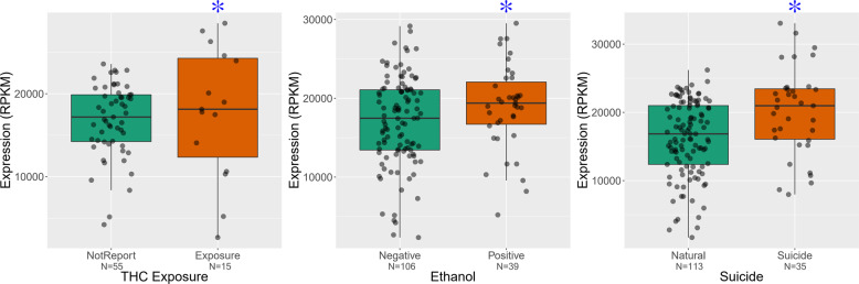 Expression of CNR1 gene in PFC correlated with substance abuse and suicide.The y-axis represents the expression of CNR1 gene in DLPFC of patients with schizophrenia and affective disorders. Each black dot represents a subject. THC or Ethanol exposure associated with the increased expression of CNR1 gene in PFC with affective disorders, highlighted by blue stars. The x-axis showed the status of THC or ethanol exposure. The expression of CNR1 gene increased in the PFC of patients with schizophrenia who completed suicide, highlighted by blue star. The x-axis separates suicide verses unsuicide schizophrenia patients.
