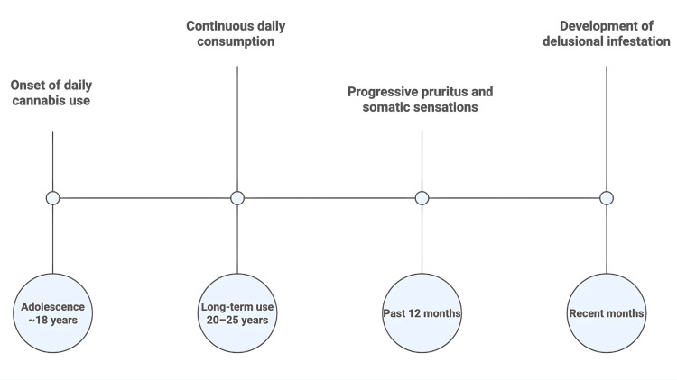 Clinical timeline of cannabis exposure and symptom progressionSchematic timeline summarising long-term daily cannabis exposure and the insidious onset and progression of pruritus/tactile symptoms leading to delusional infestation and clinical presentation, followed by initiation of antipsychotic treatment and reported symptomatic improvement.Image Credits: Miguel Pao Trigo