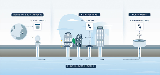 Schematic of a wastewater treatment network with targeted upstream sampling and downstream testing. Analyses of wastewater at various access points within the sewer system can provide insights into the population-level drug exposures within the area (Elipse Agency < http://www.elipseagency.com > used with permission)