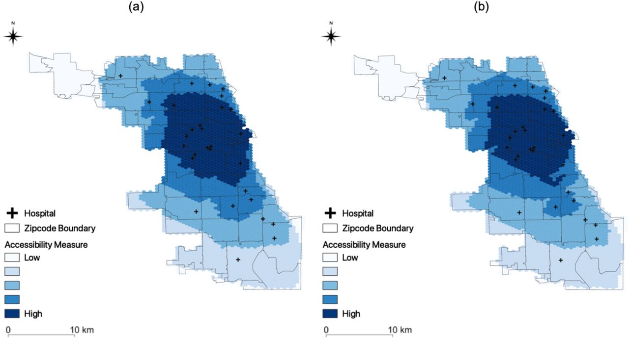 Spatial accessibility measure for Chicago: (a) general population; and (b) COVID-19 patients. The area of northwestern Chicago was excluded from analysis because that is where the O’Hare International airport is located.
