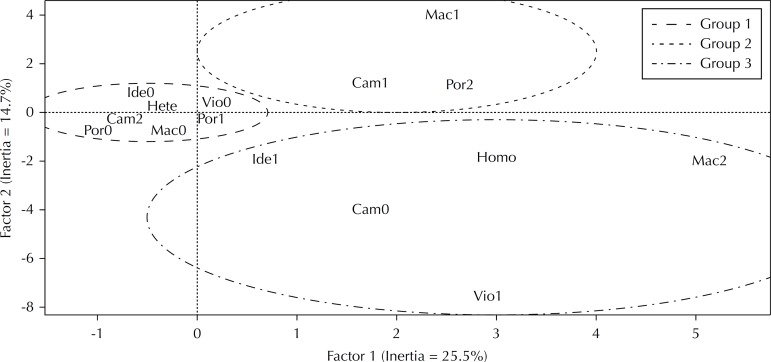 Relationships between the variable categories of risk and sexual behavior, presented in the multiple correspondence analysis in Brazilian capitals, 2007-2008.Hete: Heterosexual behavior; Homo: Homosexual or Bisexual behavior; Cam2: always/frequent use of protection; Cam1: Infrequent use of protection; Cam0: never use protection; Por2: Get drunk frequently; Por1: Get drunk infrequently; Por0: never get drunk; Mac2: Frequent Marijuana use; Mac1: Infrequent Marijuana use; Mac0: Never used marijuana; Ide1: Prescence of suicidal thoughts; Ide0: Absence of suicidal thoughts; Vio1: Presence of sexual abuse Vio0: Absence of sexual abuse.