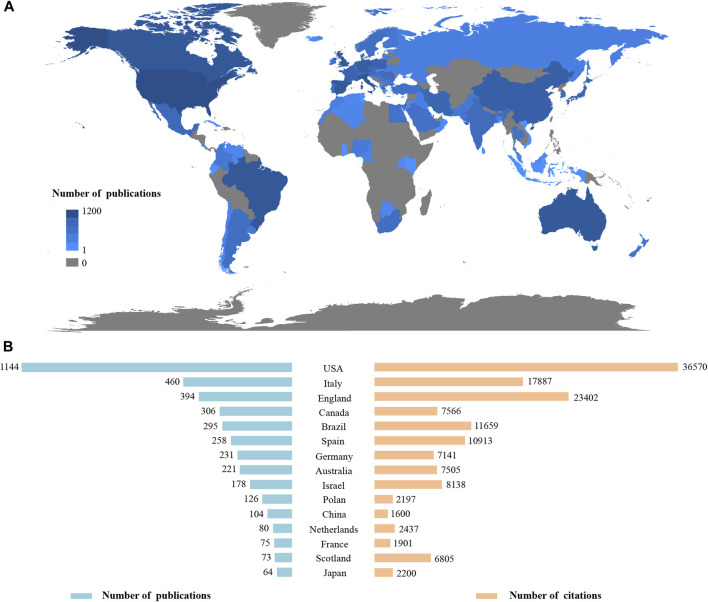 (A) Geographical distribution of publications. (B) The top 15 most productive countries in the publications and citations.