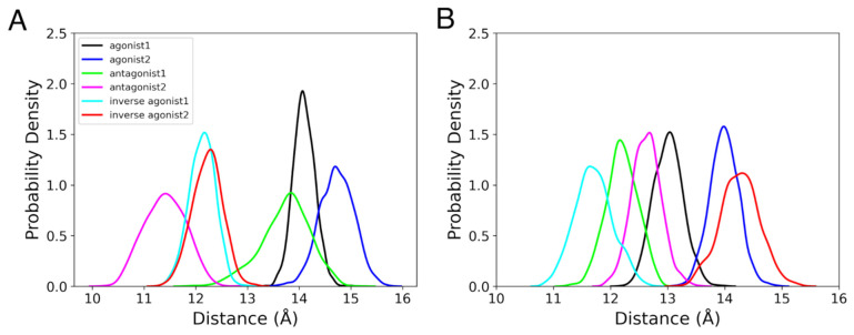 Probability densities of the distance between COMs of the ligands and active or inactive states of (A) CB1R and (B) CB2R for the last 100 ns MD simulations.