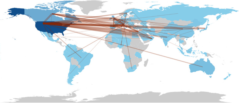 International collaboration network on minor cannabinoids. Country shading corresponds to publication volume, where darker tones indicate higher scientific production. The thickness of connecting lines (edges) represents the intensity of collaboration (Total Link Strength) between nations. To enhance visual clarity and highlight robust partnerships, the map displays only countries and links meeting a pruning threshold of minimum edge weight = 5