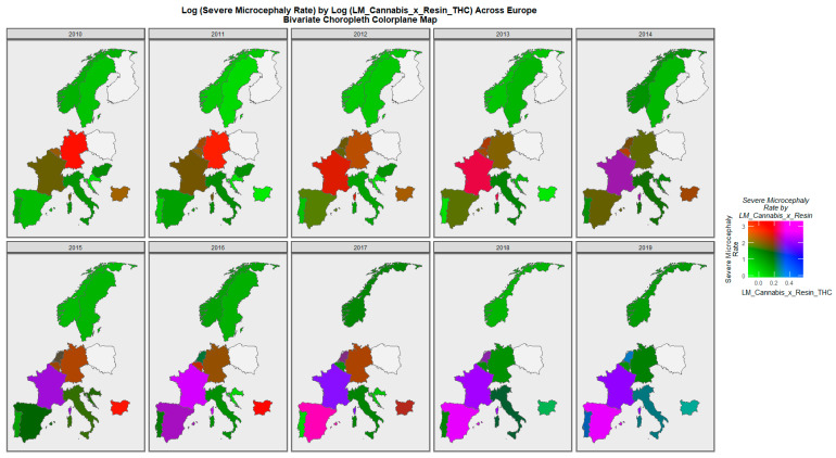 Bivariate colorplaner sequential map-graphs of log (severe microcephaly rates) by log of last month cannabis use: cannabis resin THC concentration across surveyed European nations over time, 2010–2019.