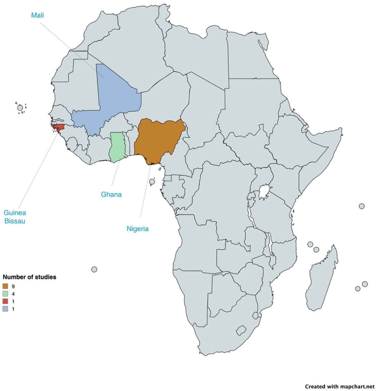 Distribution of studies on health system interventions for type 2 diabetes in West Africa.Base map credit: https://www.mapchart.net/africa.html