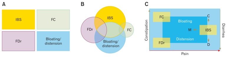Different models to explain functional bowel/disorders of gut-brain interaction. (A) Rome I considered the functional bowel disorders as different and independent entities. (B) Later, Rome II-Rome III recognized that these disorders could overlap between the different functional bowel disorders. (C) Rome IV now considers that bowel disorders exist on a continuum rather than independent disorders. Adapted and reproduced from Whorwell et al35 with permission from Rome Foundation, Inc. IBS, irritable bowel syndrome; FC, functional constipation; FDr, functional diarrhea; C, constipation; D, diarrhea; M, mixed.