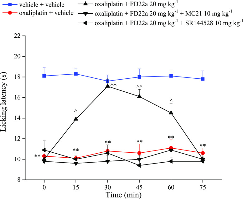 Effects of CB2 antagonism on FD-22a pain relieving efficacy. The response to a thermal stimulus was evaluated by the cold plate test measuring the latency (s) to pain-related behaviors (lifting or licking of the paw). Mice were daily treated i.p. with oxaliplatin 2.4 mg kg–1. Tests were performed on day 15. The selective CB2R antagonists MC21 and SR144528 (10 mg kg–1) were administered i.p. 15 min before FD-22a (20 mg kg–1p.o.). Measurements were performed 15, 30, 45, 60, and 75 min after the injection of FD-22a. Control mice were treated with a vehicle. Each value represents the mean of 16 mice per group performed in 2 different experimental sets. **p < 0.01 vs vehicle + vehicle treated mice ^p < 0.05 and ^^p < 0.01 vs oxaliplatin + vehicle treated mice.