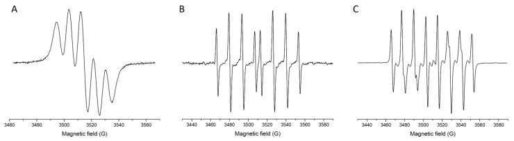 Representative EPR spectra of selected radical species or their spin-adducts: DPPH (A), DEPMPO/OH (B), and DEPMPO/OOH (C).