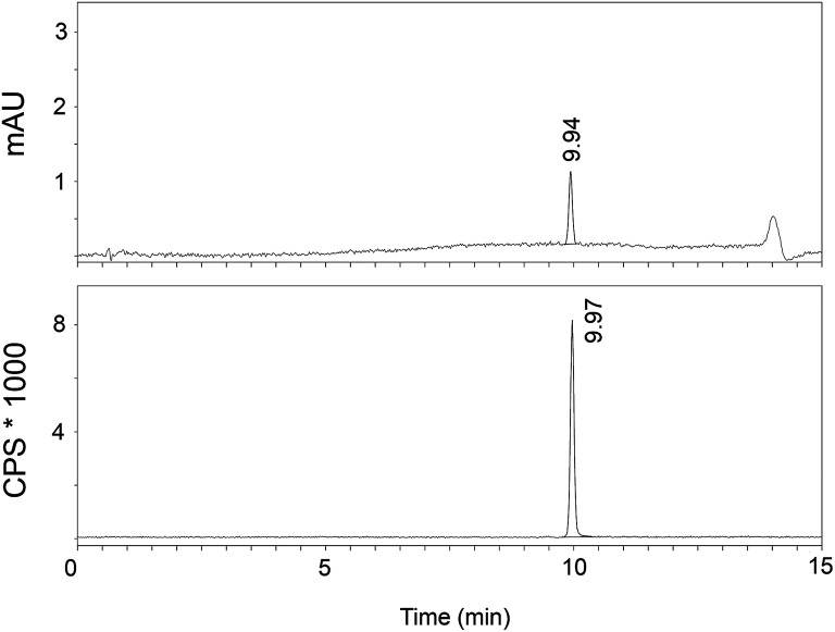 A typical analytical HPLC profile of [11C]AAT-778 [UV-trace (top) and radio-trace (bottom)].