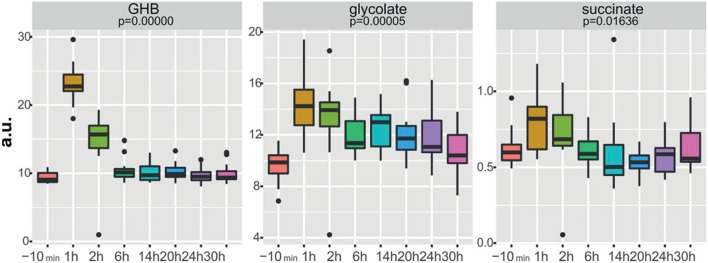 Boxplots of normalized relative concentrations of GHB, glycolate, and succinate at different time points after GHB-intake. p-values from ANOVA are indicated. Reprinted (adapted) with permission from Palomino-Schatzlein et al. (2017). Copyright 2017, American Chemical Society.