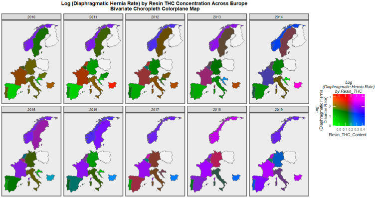 Bivariate colorplaner sequential map-graph of diaphragmatic hernia by cannabis resin THC concentration across selected European nations for each year of 2010–2019.