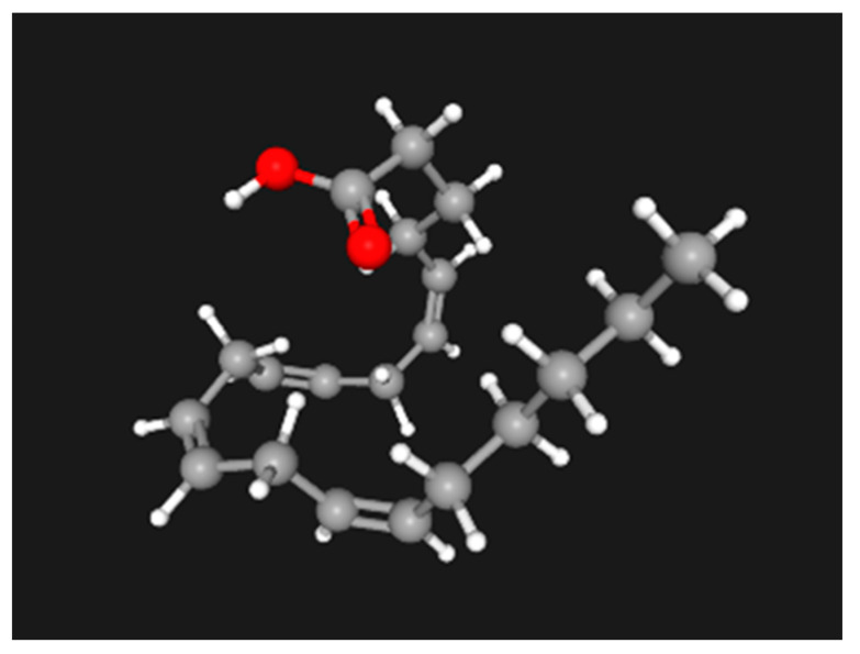 Arachidonic acid: icosa-cis 5,8,11,14-tetraenoic acid, the precursor for inflammatory mediators such prostaglandins, thromboxane, leukotriene, and two major endocannabinoids: 2-arachidonoylglycerol (2-AG) and N-arachidonoylethanolamine (anandamide, or AEA). The 3-D model was generated in PubChem.