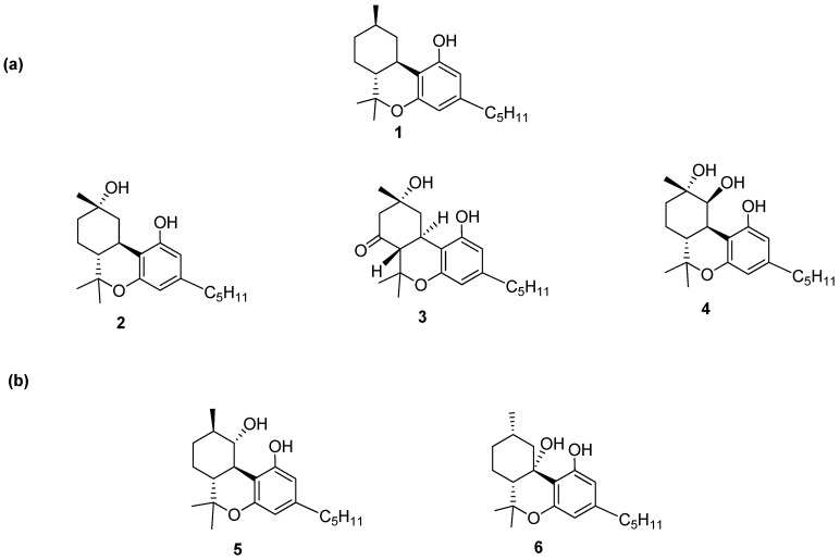 Hexahydrocannabinols isolated from Cannabis sativa plants. Minor oxygenated cannabinoids have been identified as trace components in Cannabis sativa plants. They are formed as degenerative byproducts as the THC breaks down. In (a) (1) (9R)-6,6,9-trimethyl-3-pentyl-6a,7,8,9,10,10a-hexahydro-6H-benzo[c]chromen-1-ol, (6aR,9S,10aR)-6,6,9-trimethyl-3-pentyl-6a,7,8,9,10,10a-hexahydro-6H-benzo[c]chromene-1,9-diol (2), (6aR,9R,10aR)-1,9-dihydroxy-6,6,9-trimethyl-3-pentyl-8,9,10,10a-tetrahydro-6H-benzo[c]chromen-7(6aH)-one (3), (6aR,9S,10S,10aR)-6,6,9-trimethyl-3-pentyl-6a,7,8,9,10,10a-hexahydro-6H-benzo[c]chromene-1,9,10-triol. In (b), (6aR,9R,10S,10aR)-6,6,9-trimethyl-3-pentyl-6a,7,8,9,10,10a-hexahydro-6H-benzo[c]chromene-1,10-diol (5), and (6aR,9S,10aS)-6,6,9-trimethyl-3-pentyl-6a,7,8,9,10,10a-hexahydro-6H-benzo[c]chromene-1,10a-diol.