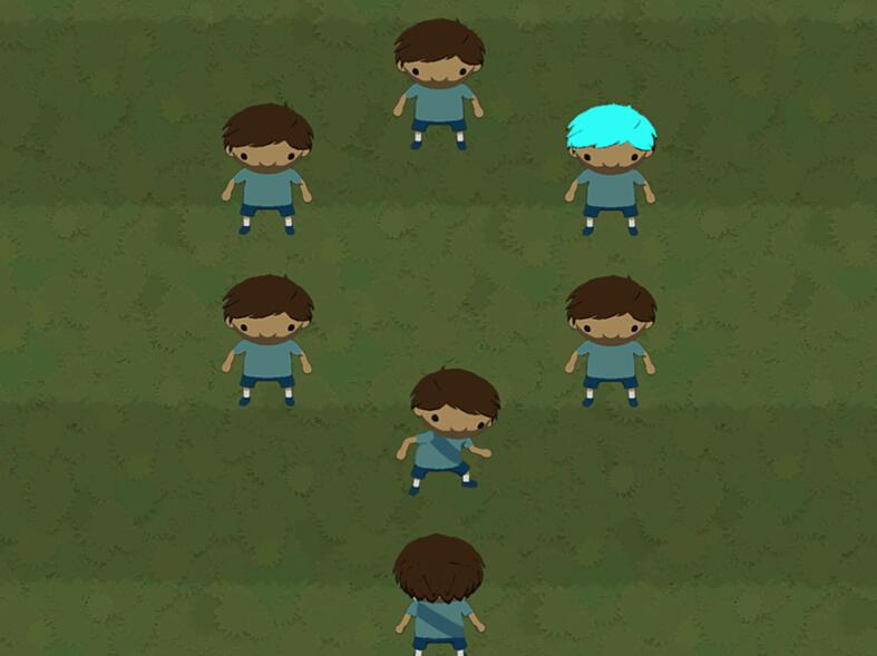 VMAC task trial Note: The color of the opposition player’s hair (blue) signifies the reward value of the trial. The player (bottom center of screen) must pass the ball to their teammate as fast as possible (to the right). (For interpretation of the references to color in this figure legend, the reader is referred to the web version of this article.)
