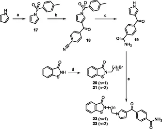 Synthesis of compounds 22 and 23. Reagents and conditions: (a) p‐toluenesulfonyl chloride, NaH 60%, THF, 0 °C, 1 h; (b) 4‐cyanobenzoyl chloride, AlCl3, DCM, r.t., 6 h; (c) H2O2, NaOH, DMSO/MeOH 9:1, 0 °C, 0.5 h; (d) 1,2‐dibromoethane or 1,3‐dibromopropane, K2CO3, DMF, 60 °C, 1 h; and (e) NaH, DMF, r.t., 1 h.