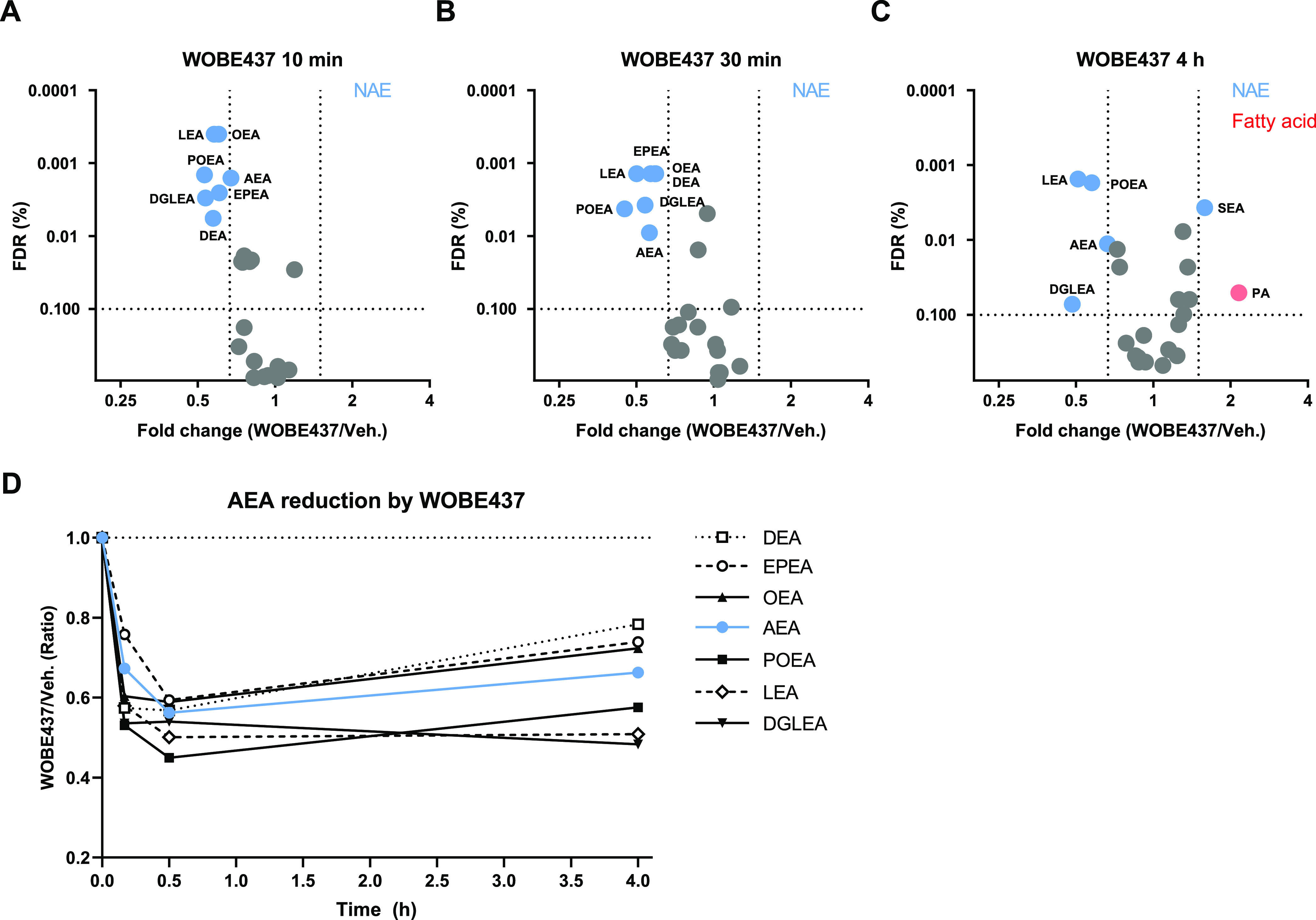 WOBE437 disrupts cellular NAE levels within 10 min of treatment. Neuro-2a cells were treated with 10 μM WOBE437 or vehicle and harvested at the indicated time points to be analyzed by MS-based lipidomics. (A–C) Lipidomic data are presented as a volcano plot, and lipids with a fold-change threshold of ≥1.50 or ≤0.67 and a Benjamini-Hochberg false-discovery rate (FDR) ≤10% following a Student’s t-test are represented by colored circles indicating lipid class. (D) Fold-change of altered NAEs is represented as a function of time. The complete list of ratios at 30 min are depicted in Figure S1.