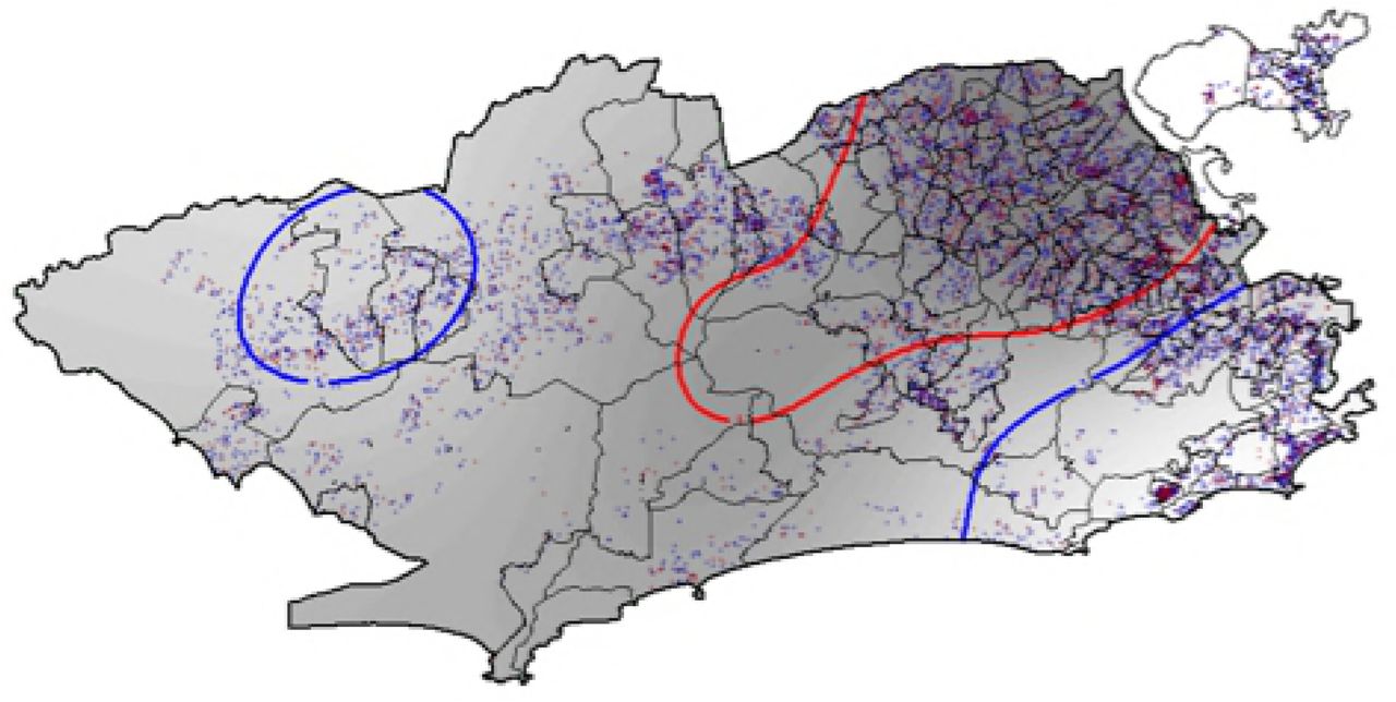 Map of probability of cure of tuberculosis using the Generalized Additive Model – GAM for cases (not cured) and controls (cure). Rio de Janeiro, 2012 to 2014.Source: Cartographic data: IPP, Epidemiological data: SINAN-TB. Projection GCS. Datum WGS84