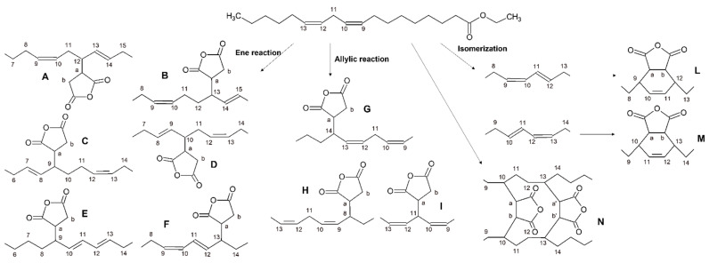 Products of the ene, allylic, and isomerization reactions on ethyl linoleate.