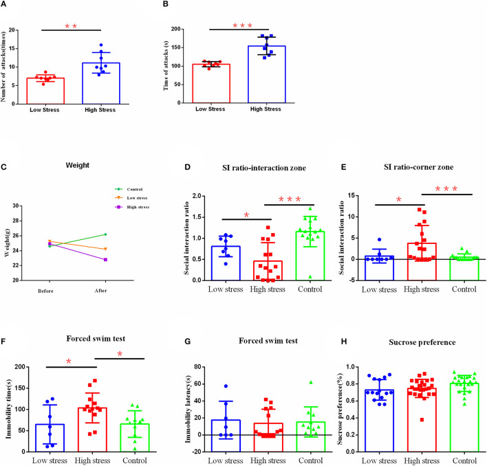 The effect of different intensities of stress on depression-like behavior. (A) The number of mice attacked per day for large and small stress. (B) The number of times mice were attacked per day for large and small stress. (C) Body weight. (D) Social interaction ratio in the interaction zone. (E) Social interaction ratio in corner zone. (F) Immobility time. (G) Immobility latency in the forced swim test. (H) Sucrose preference. *p < 0.05, **p < 0.01, and ***p < 0.001. Low, under the low stress (big cage), n = 8; high, under the high stress (small cage), n = 15; control, n = 15. Error bars in figures represent S.D.