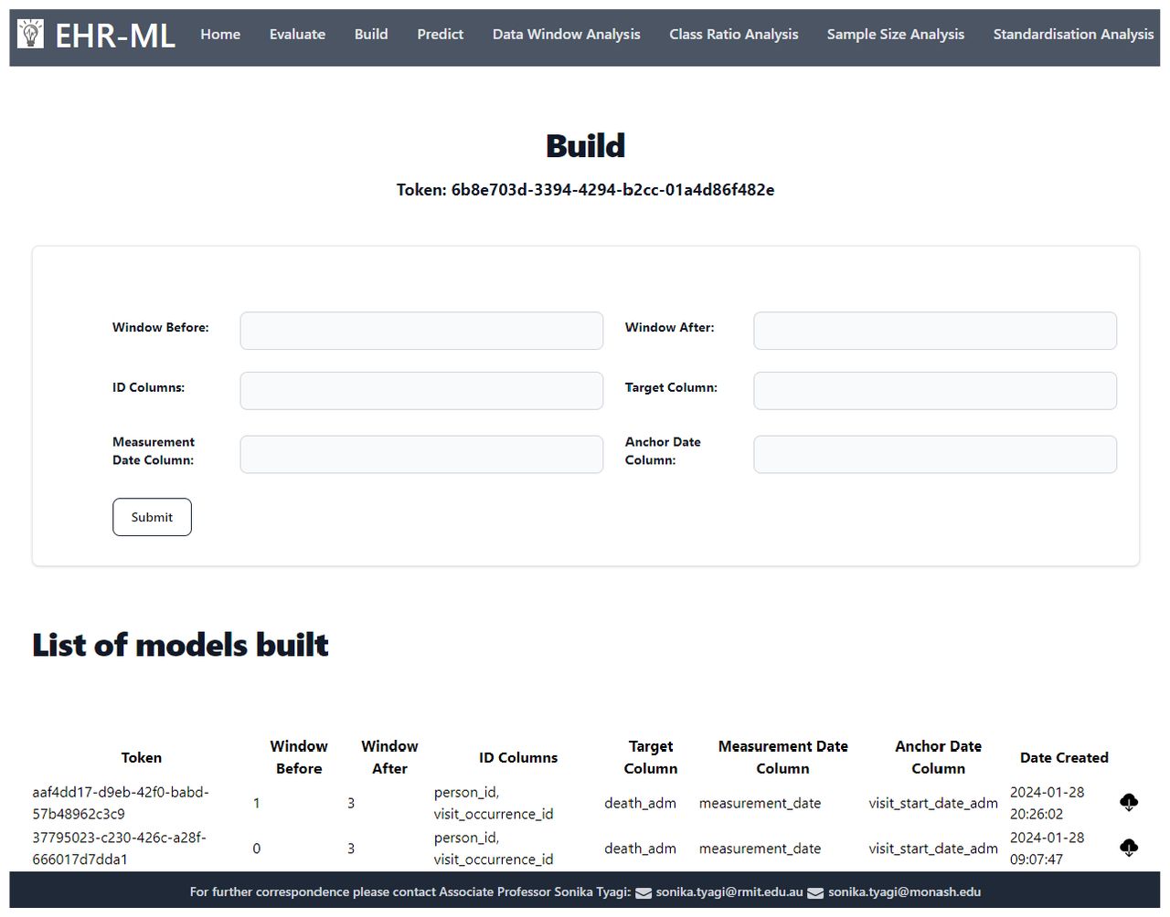 This figure provides a screenshot of the EHR-ML web utility interface. This user-friendly platform enables model building, predicting prediction, running cross-validation, and performing several analyses such as data window analysis, sample size analysis, class ratio analysis, and standardisation analysis. The intuitive interface allows users to upload formatted data and readily conduct various analyses.