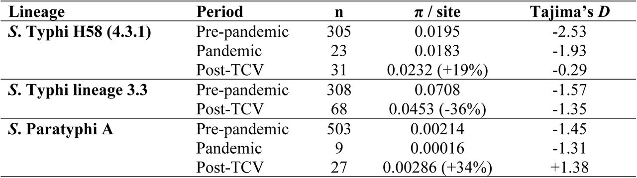 Population-genetic diversity statistics by lineage and epidemiological period.Nucleotide diversity (π) per site and Tajima’s D were computed from per-lineage SNP alignments. Pandemic = April 2020-March 2022; Post-TCV =April 2022-March 2024. Percentages in parentheses indicate change in π relative to the pre-pandemic baseline.