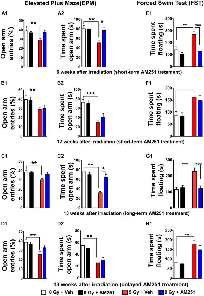 AM251 ameliorates anxiety and depressive-like behavior in irradiated mice. EPM: Short-term AM251 treatment reduced anxiety-like-behavior in mice 6 weeks following irradiation evidenced by the significant increased time spent in open arms (A1,A2). However, benefits derived from this same short-term treatment did not persist 12 weeks after irradiation (B1,B2). At similar protracted postirradiation times, long-term AM251 treatments were found to significantly reduce anxiety-like behavior (C1,C2). Delayed AM251 treatment was not effective at resolving radiation-induced anxiety-like behavior 13 weeks after irradiation (D1,D2). FST: Short-term AM251 treatment reduced significantly depressive-like behavior in irradiated mice at 6 weeks after irradiation (E1) but not at 12 weeks postirradiation (F1). Long-term treatments with AM251 improved were found to reduce depressive-like behavior 13 weeks following irradiation (G1) but not when a single treatment was delayed (H1). Data presented as means ± SEM, N = 8–12. P-values derived from two-way ANOVA followed by Bonferroni correction for multiple comparisons. *P < 0.05; **P < 0.01; and ***P < 0.001.