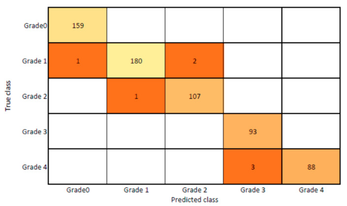 Proposed system confusion matrix (manual vs. automatic) for grade classification.