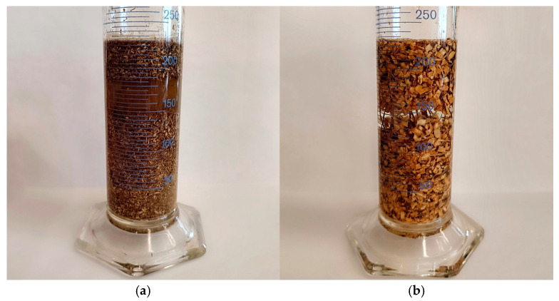 Specific density measuring station: (a) distilled water with pine fraction 0 ÷ 1 mm and (b) distilled water with pine fraction 1 ÷ 4 mm.