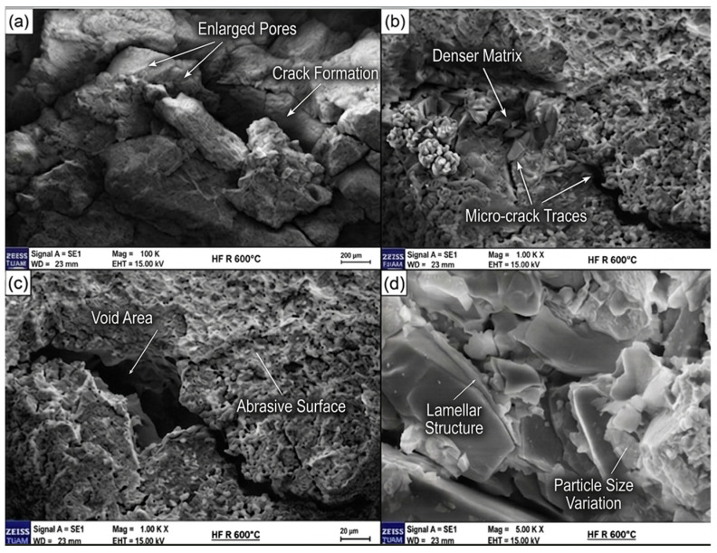 SEM images of the control sample at 600 °C: (a) enlarged pores and cracks; (b) denser matrix with micro-crack traces; (c) void area and abrasive surface; (d) lamellar structure with particle size variation.