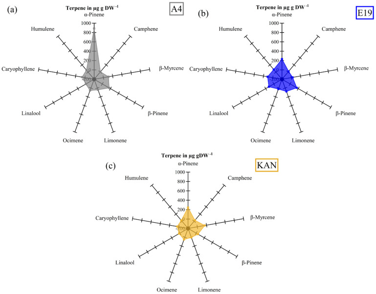 Radar chart of the terpene profile for the three strains: A4 (a), E19 (b) and KAN (c).