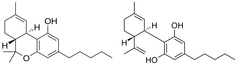 Chemical structures of THC (left) and CBD (right).