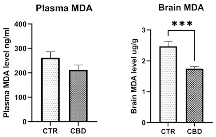 Malondialdehyde (MDA) levels in plasma and brain. The results are presented as the mean ± SEM. *** p = 0.0008.