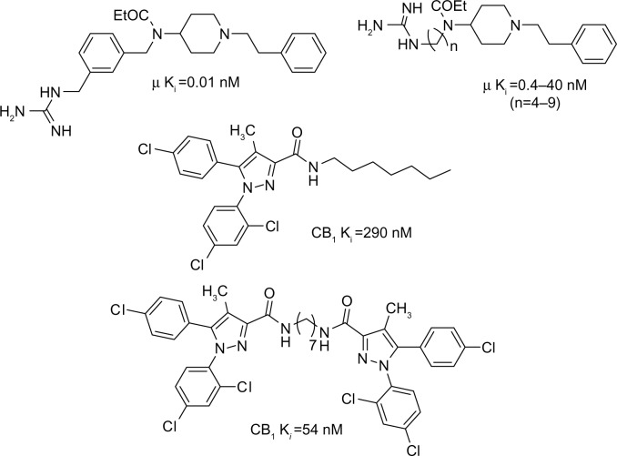 Examples of fentanyl derivatives with selective μ opioid agonistic properties and rimonabant derivatives with CB1 receptor affinity.Abbreviation: Ki, affinity constant.