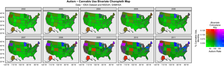 Bivariate choropleth maps of the relationship between autism and cannabis use over time