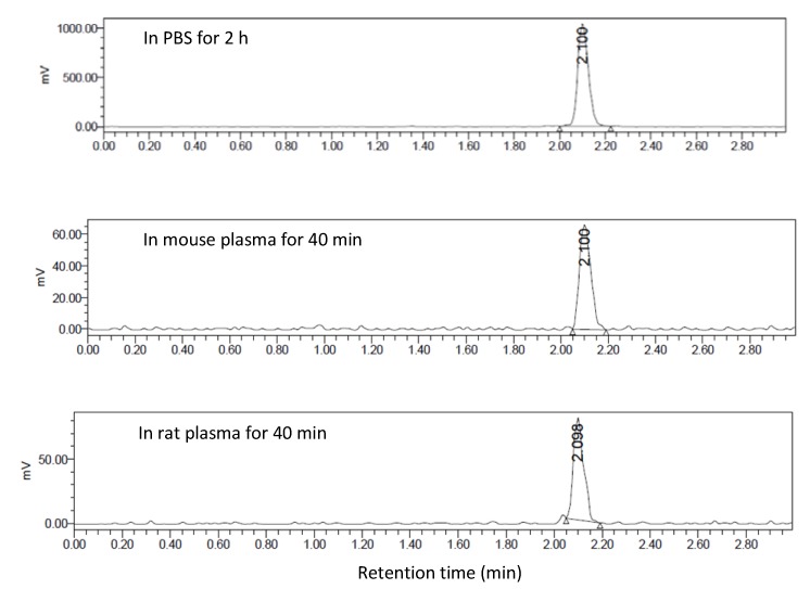 Radio-UPLC profiles of [11C]KP23 (tR = 2.1 min) after 2 h in PBS and after 40 min in mouse and rat plasma.