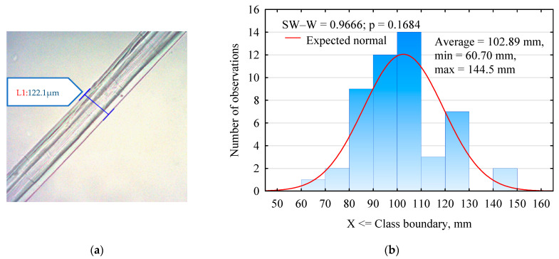 (a) Photo of a hemp fiber taken with a microscope camera; (b) histogram of the thickness of the hemp fibers used in the study.