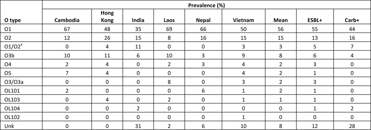 Predicted O type prevalence among K. pneumoniae sensu stricto.Predicted O types are ordered by highest to lowest mean prevalence across all sites. Note that the Thai site is excluded from these calculations due to small sample size (n=4).a It was not possible to confidently distinguish between O1 and O2 for a minority of genomes (n=12 in total). The prevalence of these genomes is shown here by site and among ESBL+/Carb+ isolates. These values are added at the second position in the cumulative prevalence plot (Figure 2B). Unk; unknown.