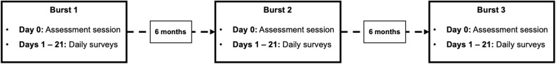 Longitudinal burst study design including three measurement bursts spaced six months apart. At each burst, participants completed a Day 0 assessment session (ICS-C administered online) followed by 21 consecutive days of daily morning surveys, which assessed previous-day cannabis and alcohol use, difficulty limiting use, and consequences experienced